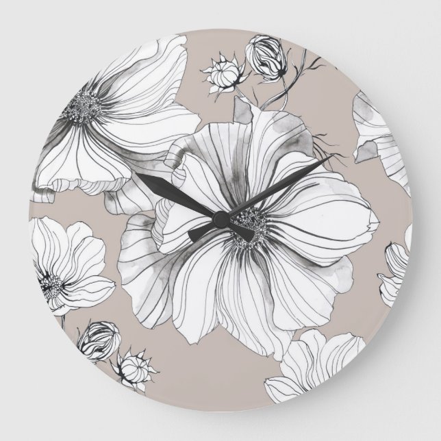 Relógio Grande Flores Cosmos: Padrão De Desenho Botânico. (Frente)