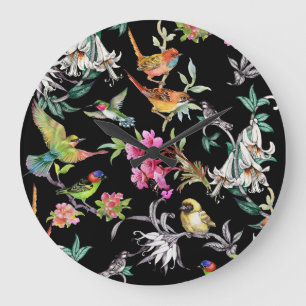 Relógio Grande Flores de Aves Tropicais: Padrão de Aquarela