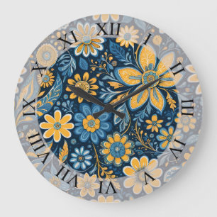 Relógio Grande Flores de Hipopia Retro Flores Design Amarelo Azul