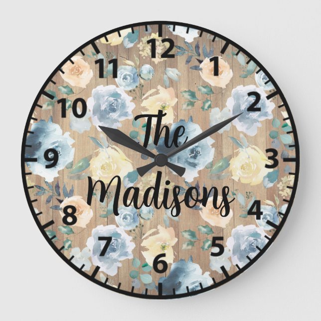 Relógio Grande Flores de Madeira Rústica Personalizadas Azul Crem (Frente)