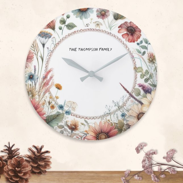 Relógio Grande Flores de outono Natureza Legante Personalizadas (A wall clock with elegant Autumn flowers border and personalized with name)