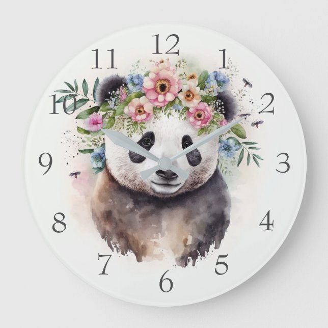 Relógio Grande Flores de Panda Aquarela (Frente)