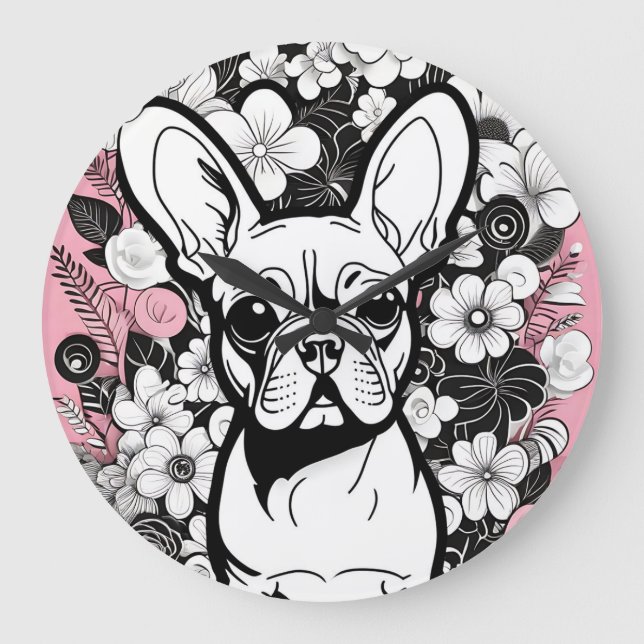 Relógio Grande Flores de pop art e Bulldog Francês (Frente)