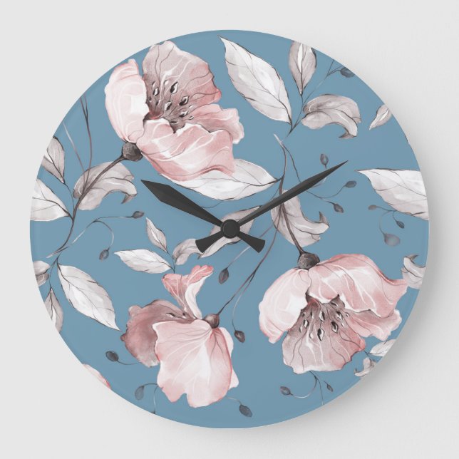 Relógio Grande Flores de primavera, folhas, design sem costura (Frente)