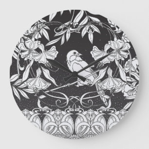 Relógio Grande Flores Decorativas Bird Nouveau Poster