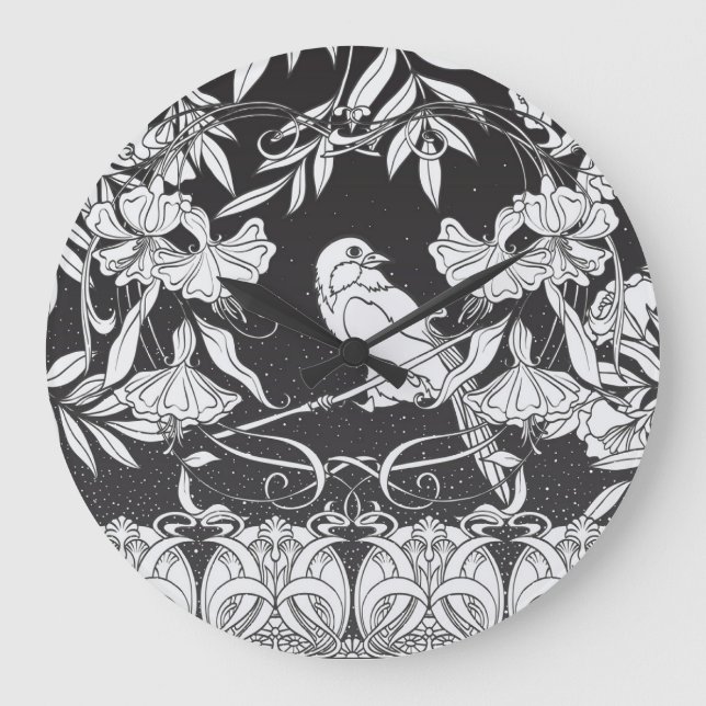 Relógio Grande Flores Decorativas Bird Nouveau Poster (Frente)