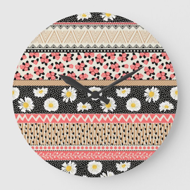 Relógio Grande Flores Decorativas: Padrão de Azulejo de Patchwork (Frente)