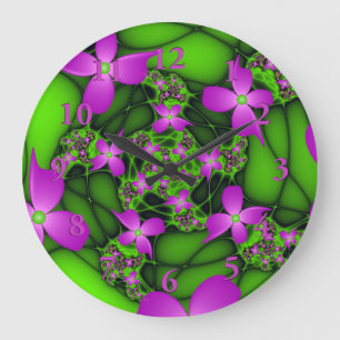 Relógio Grande Flores Fractais Abstratas Modernas Rosa Verde Neon