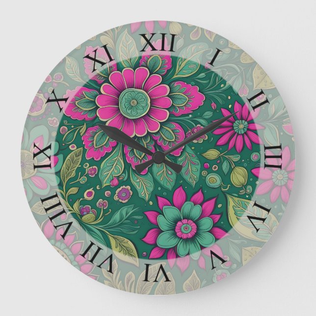 Relógio Grande Flores Mandala Brilhante rosa verde (Frente)