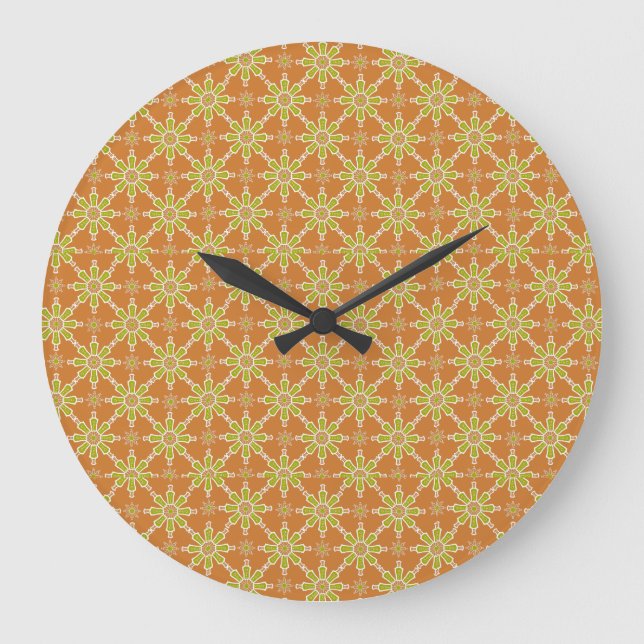 Relógio Grande Flores Padrão Rusty Red, Verde, Cream Wall Clock (Frente)