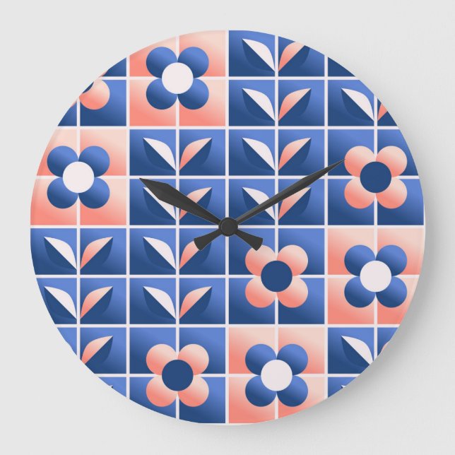 Relógio Grande Flores retrorestilizadas: padrão mosaico. (Frente)