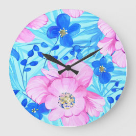 Relógio Grande Flores Rosa e Azul