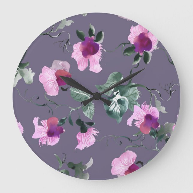 Relógio Grande Flores roxas: padrão uniforme de aquarela. (Frente)