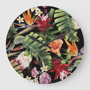 Relógio Grande Flores tropicais: cor d'água, padrão floral sem co