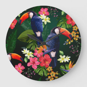 Relógio Grande Flores tropicais, tucano: fundo floral.