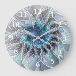 Relógio Grande Florescer Floral Fractal Moderno Abstrato Com Azul
