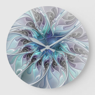 Relógio Grande Florescer Floral Fractal Moderno Abstrato Com Azul
