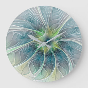 Relógio Grande Flourando Fantasia Moderna Azul Flor Fractal Verde