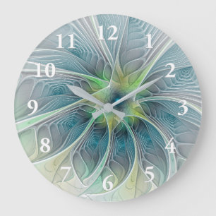 Relógio Grande Flourando Fantasia Moderna Azul Flor Fractal Verde