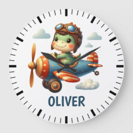Relógio Grande Fofa Trêx Dinossauro Piloto Voando um Avião Azul