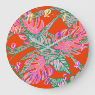 Relógio Grande Folha de palma monstera coleira vermelho-fogo trop