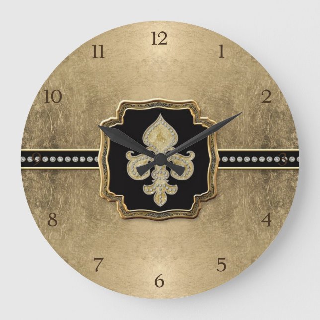 Relógio Grande Folha Dourada de aparência Fleur de Lis Faux Vinta (Frente)