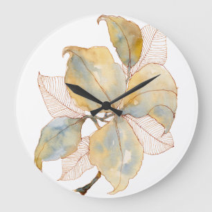 Relógio Grande Folhas Botânicas de Aquarela Azul Dourado Suave