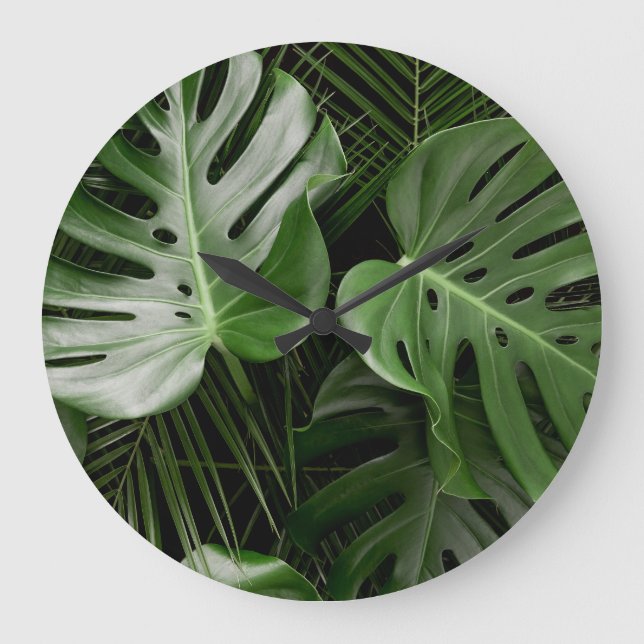 Relógio Grande Folhas de Monstera, layout tropical de luxo. (Frente)