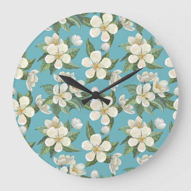 Relógio Grande Folhas de Verde Flores de Água Brancas (Frente)