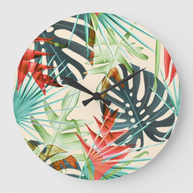 Relógio Grande Folhas e flores tropicais: padrão vibrante (Frente)