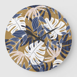 Relógio Grande Folhas Tropicais Coloridas Fundo Laranja