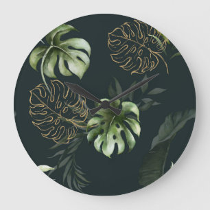 Relógio Grande Folhas Tropicais Douradas: Cor de Água Escura