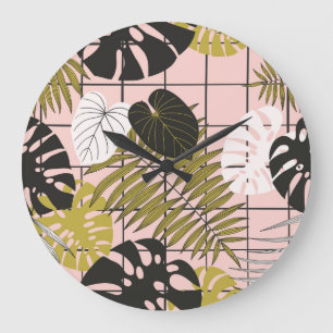 Relógio Grande Folhas tropicais, flores, padrão pintado à mão.