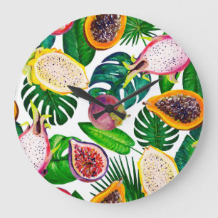 Relógio Grande Folhas tropicais, frutas, padrão sem costura de gu