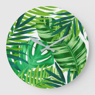 Relógio Grande Folhas Tropicais Verdes 