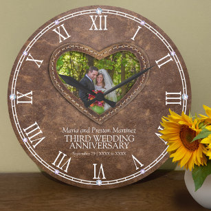 Relógio Grande Foto do coração castanho do couro do 3º aniversári