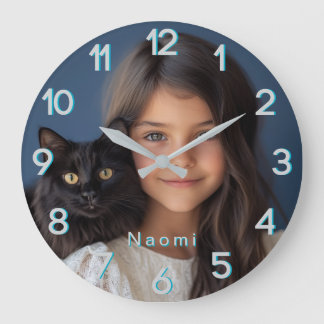 Relógio Grande Foto personalizada azul e nome
