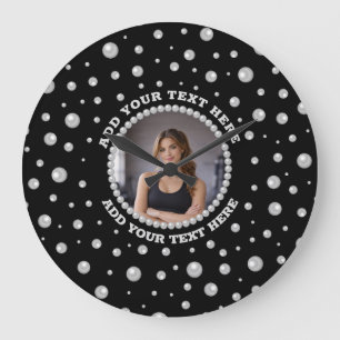 Relógio Grande Foto Personalizada com Círculo de Pérolas em Preto