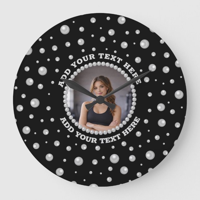 Relógio Grande Foto Personalizada com Círculo de Pérolas em Preto (Frente)
