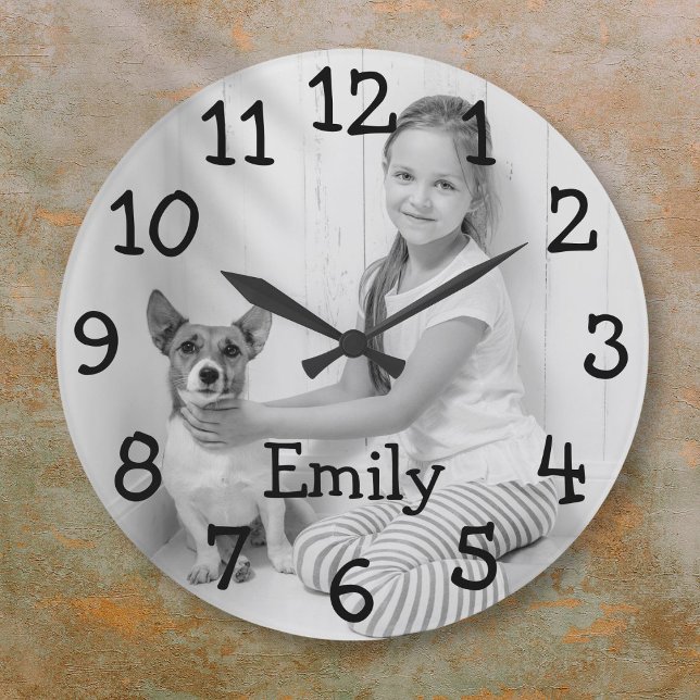 Relógio Grande Foto Personalizada em Preto e Branco com Nome (Personalized Black and White Photo Name Large Clock)