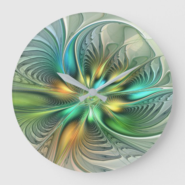 Relógio Grande Fractal de Flor Abstrato moderna fantasia colorida (Frente)