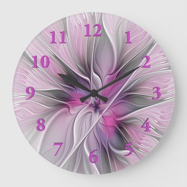 Relógio Grande Fractal Fractal Moderna Abstrato com Cinza Rosa Fl (Frente)