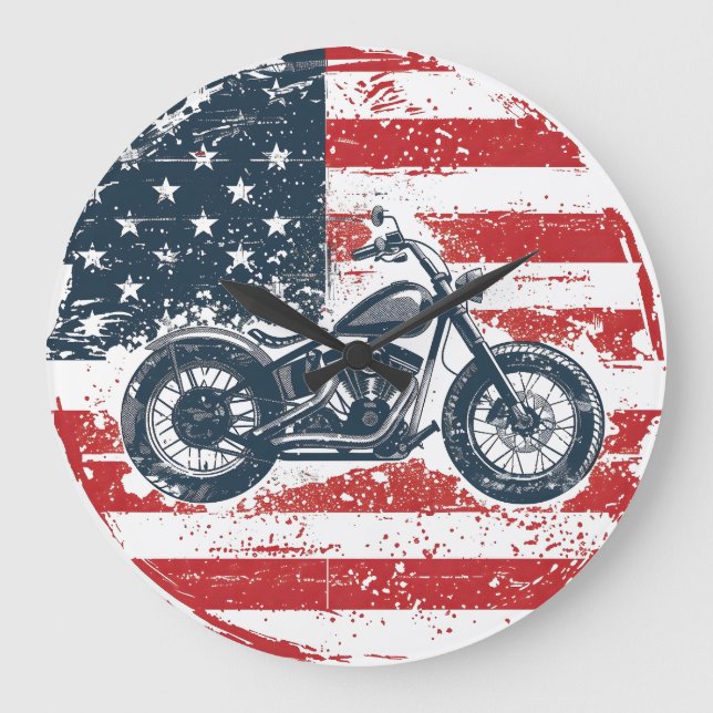 Relógio Grande Freedom Ride: Retro Motorcycle and American Flag (Frente)
