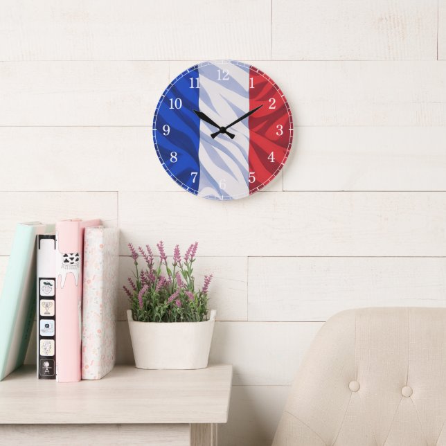 Relógio Grande French Flag Wall Clock — Waving Flag Design (Sala de leitura)