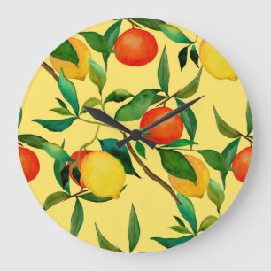 Relógio Grande Frutas de citros, padrão de aquarela vibrante.