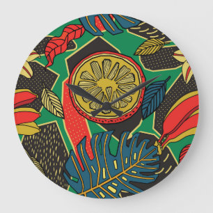 Relógio Grande Frutas tropicais, folhas, padrão floral de rabisco