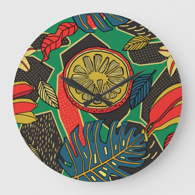 Relógio Grande Frutas tropicais, folhas, padrão floral de rabisco (Frente)