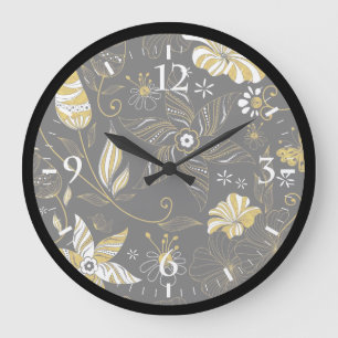 Relógio Grande Fundo floral ouro preto-branco