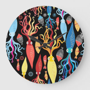 Relógio Grande Fundo Preto de Peixe Preto, Lulas Multicolor