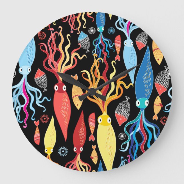Relógio Grande Fundo Preto de Peixe Preto, Lulas Multicolor (Frente)